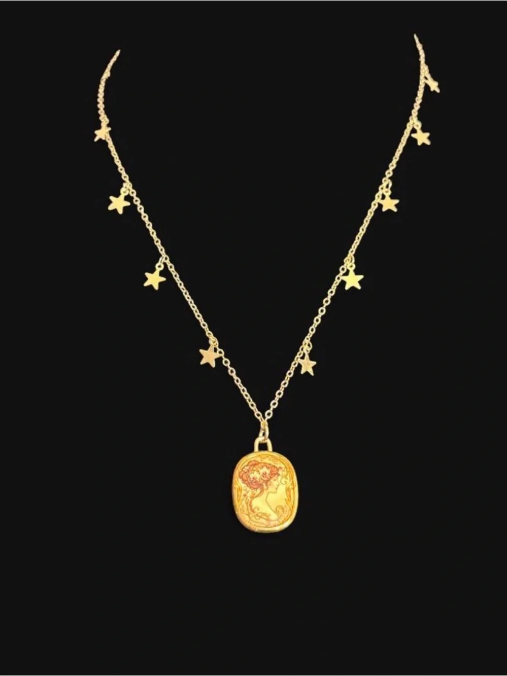 Gold-Tone Cameo Pendant Necklace with Floral Profile - Women's Jewelry